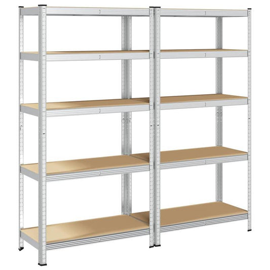 5-laags Opbergrek – Opbergkast – Stelling – Plank – Vakkenkast – Set Van 2 – Zilverkleurig Staal – Gelamineerd Hout
