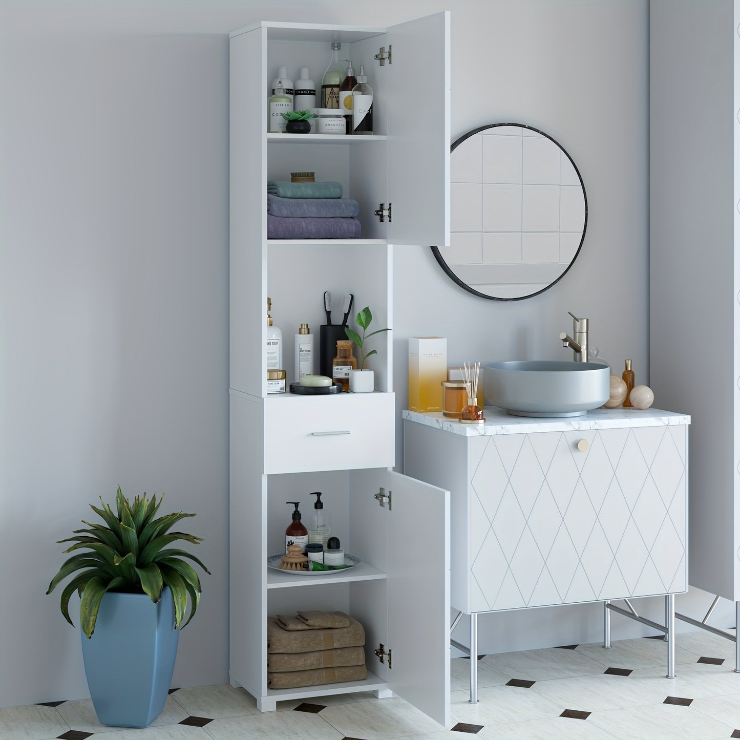 Badkamerkast – Badkamermeubel – Opbergkast – Kolomkast – Badkamerrek – Modern Design – Hoogte 68,5 cm – MDF Waterbestendig