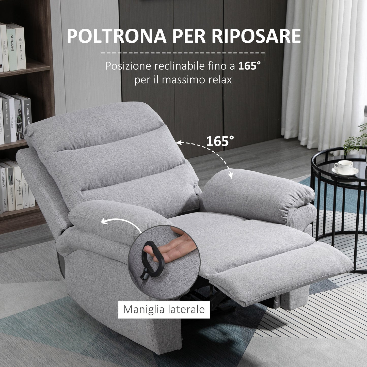 Relaxfauteuil – Verstelbare Loungefauteuil – Ligstoel – Tv-fauteuil – Zithoekstoel – Verstelbare Rugleuning 165° – Linnen Stof Lichtgrijs 91x92x102 cm