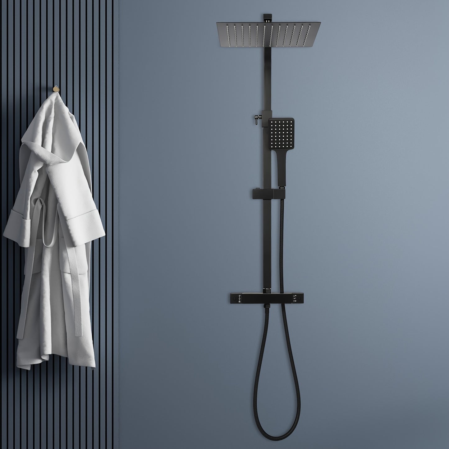 Doucheset – Regendouche Set – Douche Systeem – Douchekraan – Zwart Thermostaat – RVS Materiaal – Verstelbare Hoogte 80-122 cm – Veiligheidsvergrendeling 38°C