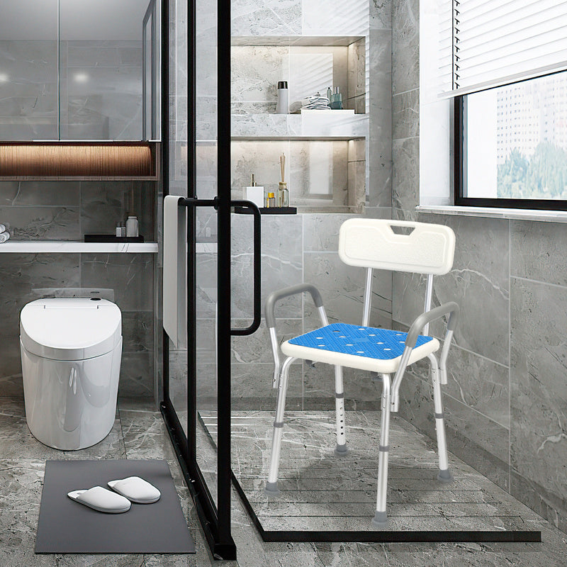 Shower Chair with Armrests and Backrest, Shower Stool for Elderly, Removable Shower Chair, Height Adjustable Shower Seat, 41-53.5 cm, Load 136 kg, with Rubber Anti-Slip Cover, Shower Stool, Anti-Slip Stool, Suitable for Elder