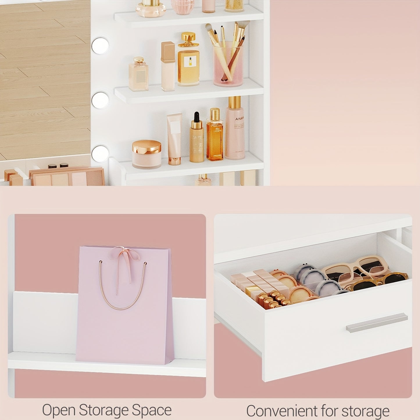 Dressing Table – Make-up Tafel – Vanity – Make-up Spiegel – Kaptafel – LED Verlichting – 90 cm Wit – 3 Helderheidsniveaus – 2 Laden & 4 Open Vakken