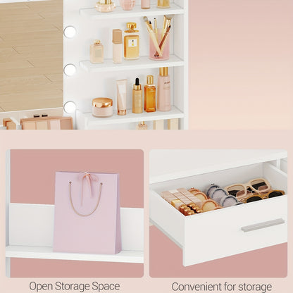 Dressing Table – Make-up Tafel – Vanity – Make-up Spiegel – Kaptafel – LED Verlichting – 90 cm Wit – 3 Helderheidsniveaus – 2 Laden & 4 Open Vakken