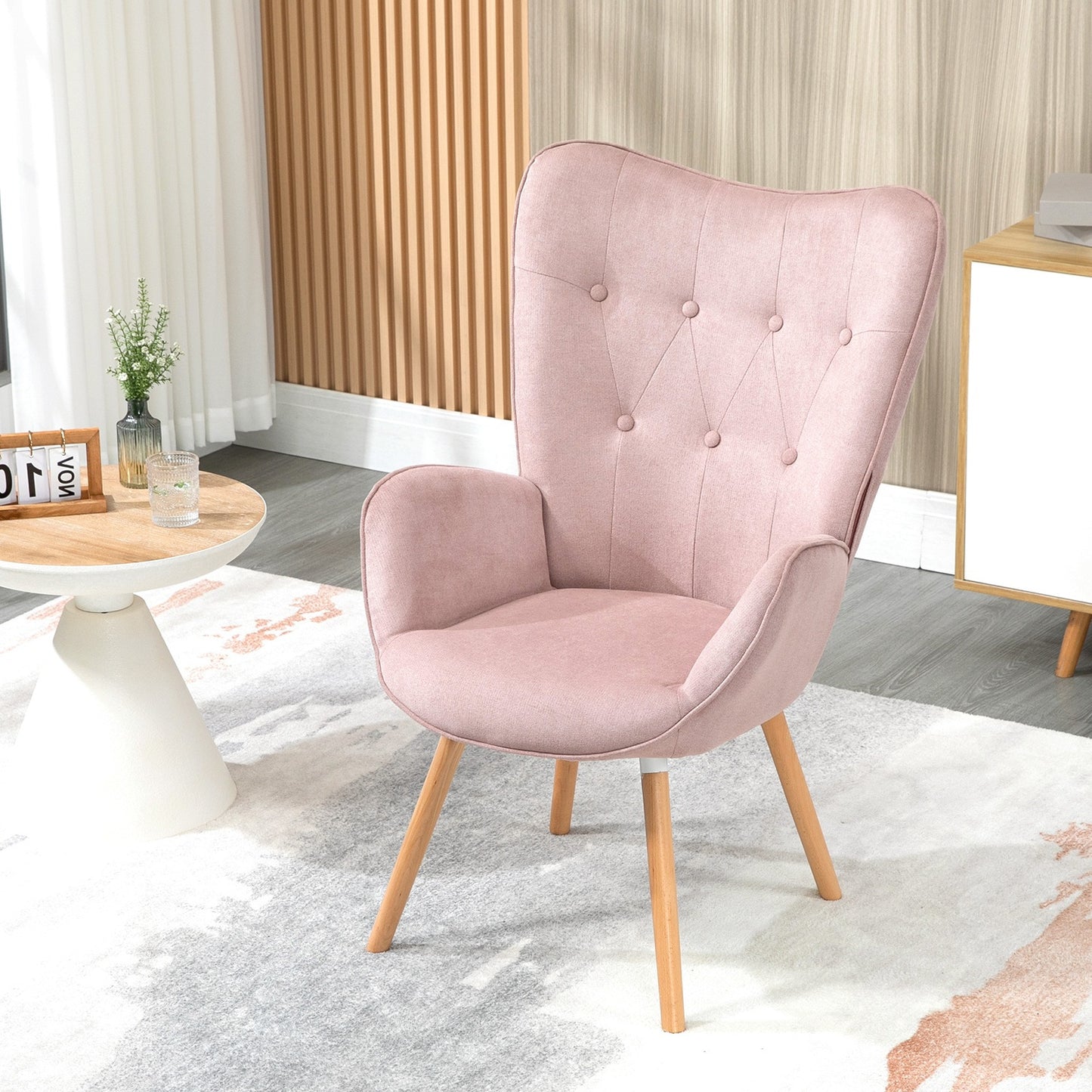 Slaapkamerfauteuil – Lounge Stoel – Zetel – Relaxfauteuil – Living Kamerstoel – Roze Stoffen Bekleding – Scandinavisch Design Met Eiken Houten Poten