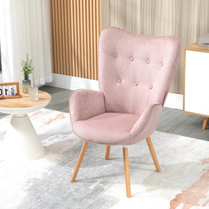 Slaapkamerfauteuil – Lounge Stoel – Zetel – Relaxfauteuil – Living Kamerstoel – Roze Stoffen Bekleding – Scandinavisch Design Met Eiken Houten Poten