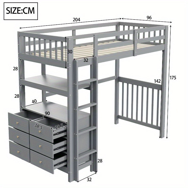 Hoogslaper – Eenpersoonsbed – Stapelbed – Bed met Opberglades – Bed met Ladder – 90x200 cm – Grijs Metaal – Ruimtebesparend Design – Stevige Metalen Constructie