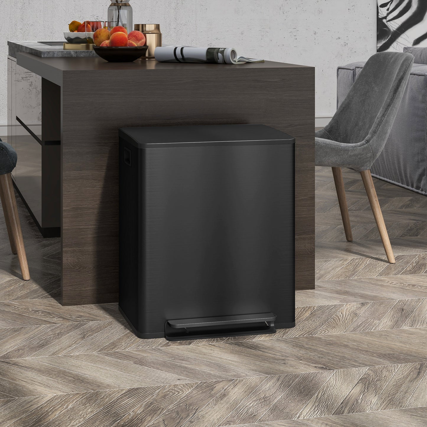 Trash Can with 2x25L Compartments, Soft-Close Lid, Fingerprint-Resistant, Stainless Steel, Black
