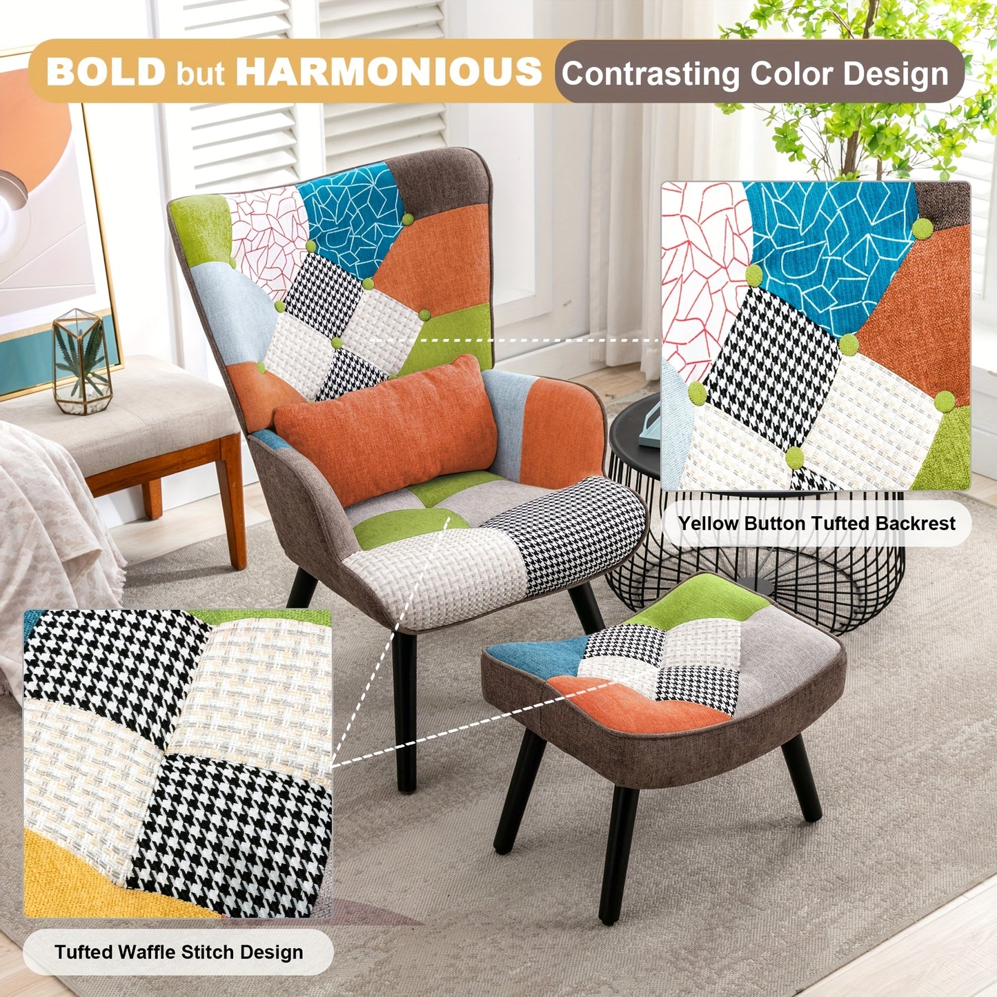 Lezenstoel – Fauteuil – Relaxstoel – Lounge Chair – Leesstoel – Hoog Rugleuning Design – Patchwork Stofmix Met Voetkruk