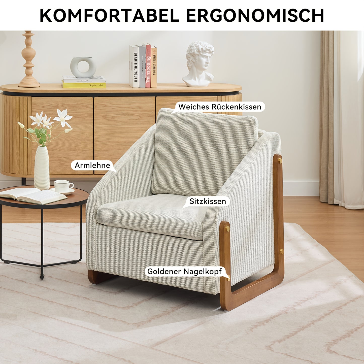 Fauteuil – Accentstoel – Lounge Stoel – Moderne Stoel – Zithoekstoel – Beige Chenille – Houten Armleuningen – Comfortabel Rugkussen