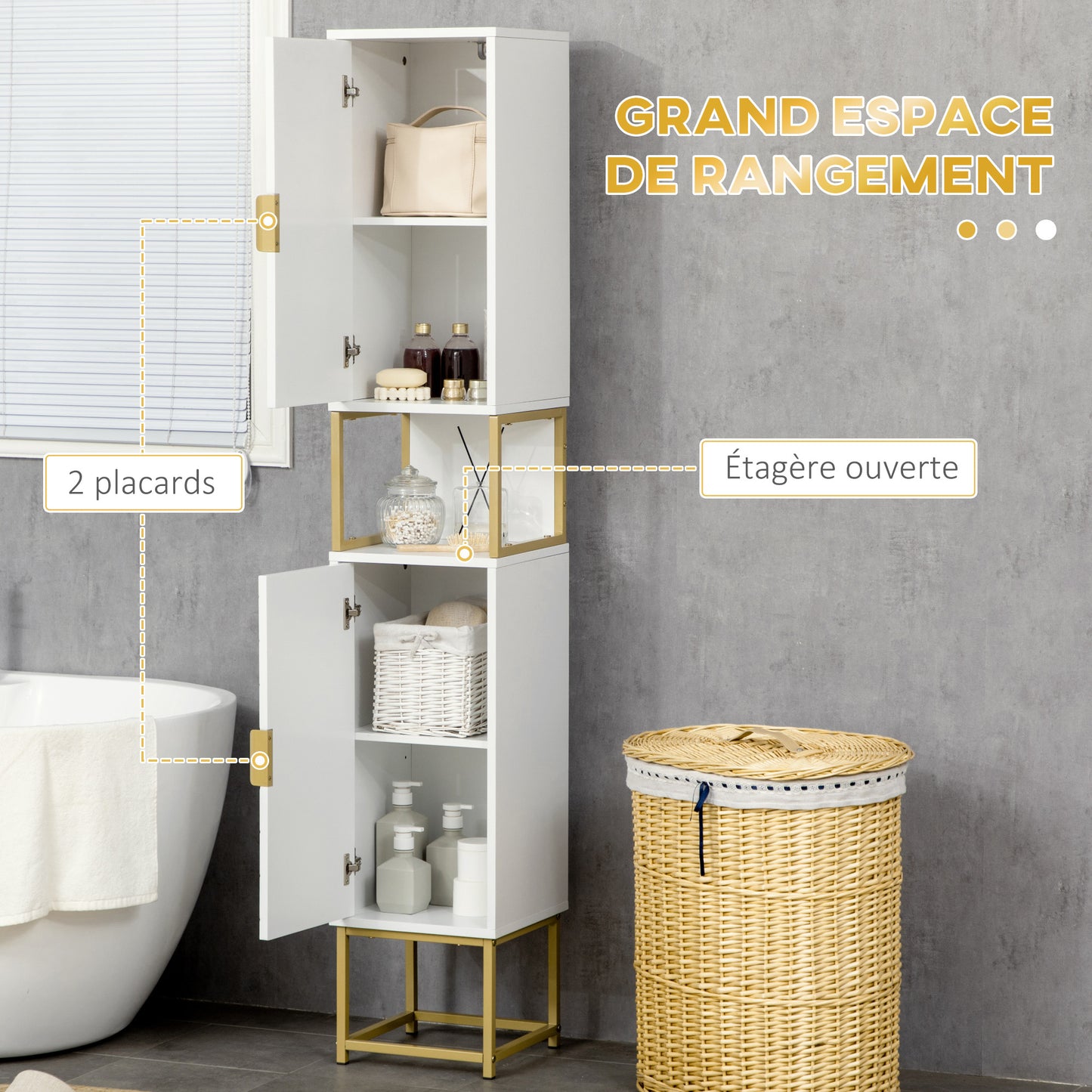 Badkamerkast – Badkamermeubel – Kolomkast – Opbergkast – Wastafelonderkast – Compact Design – MDF Met Gouden Metalen Pootjes