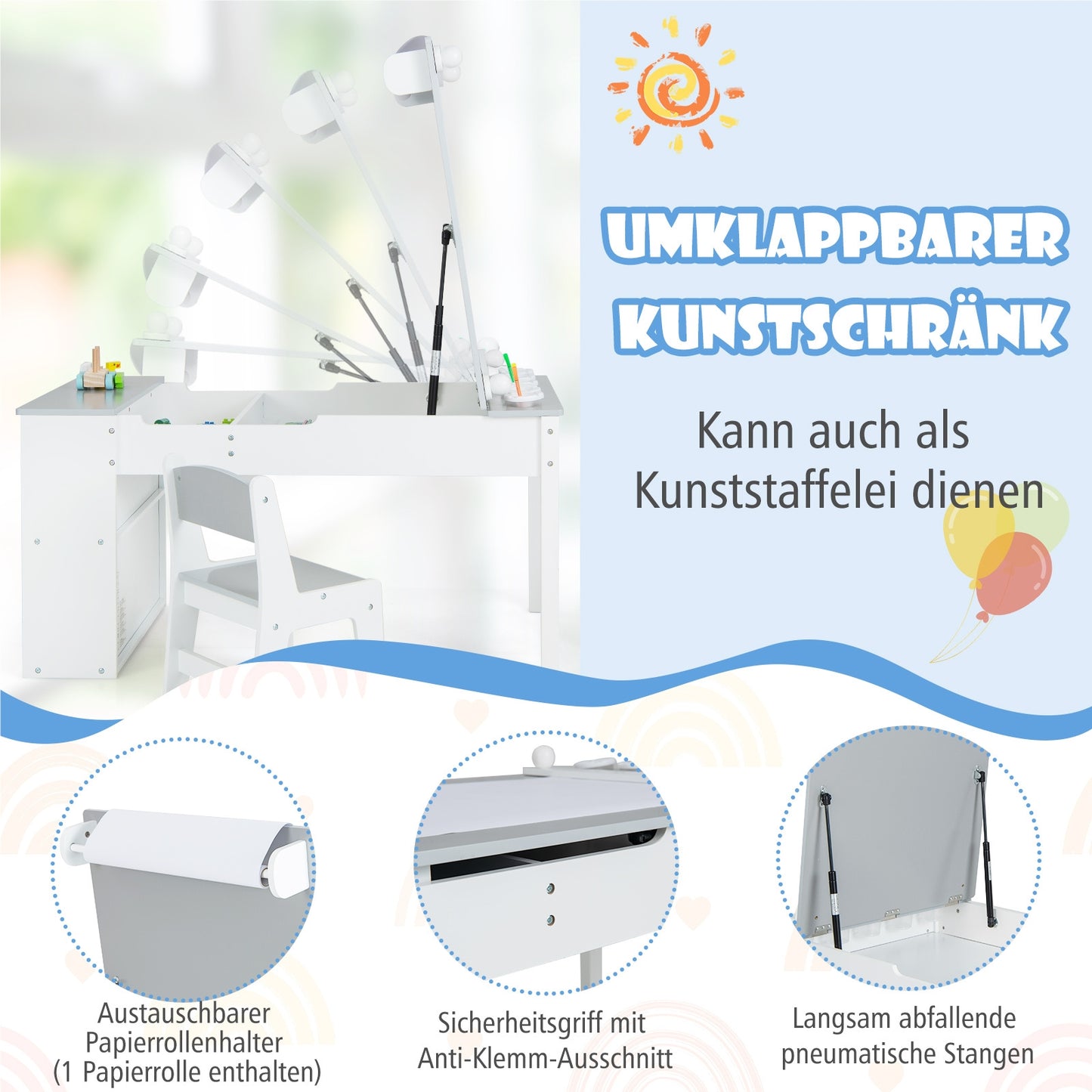 Kindertafel – Kinderbureau – Speeltafel – Knutseltafel – Schildersezel – Houten 3-in-1 Zetelset – Met Opbergruimte & Lift-Top Tafelblad – Grijs