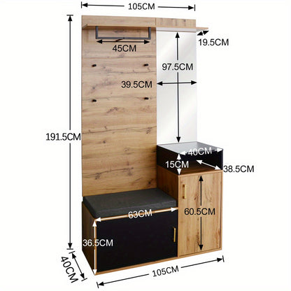 Coat rack and cloakroom suite, comprising four coat hooks, mirror, shoe cabinet, wall-mounted coat rack, top shelf, and hallway bench. Designed to meet diverse requirements, suitable for corridors and entrance halls.