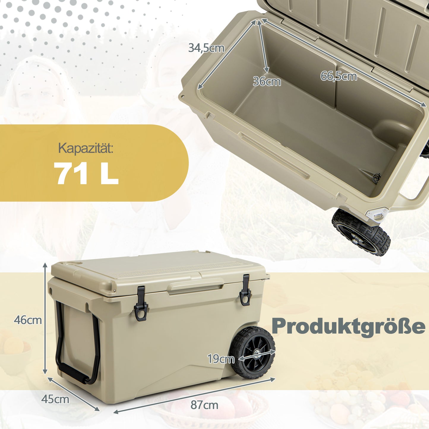 Draagbare Koelbox – Koelcontainer – Camping Koelkast – IJsbox – Picknick Koeler – 71 Liter – Wielen en Afvoerventiel – Khaki