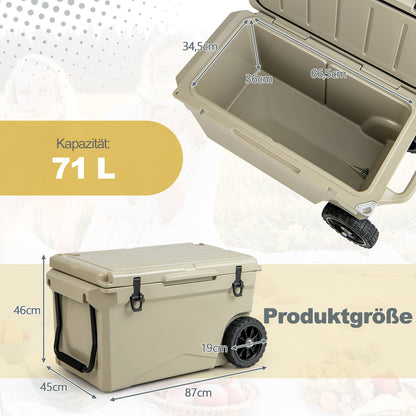 Draagbare Koelbox – Koelcontainer – Camping Koelkast – IJsbox – Picknick Koeler – 71 Liter – Wielen en Afvoerventiel – Khaki