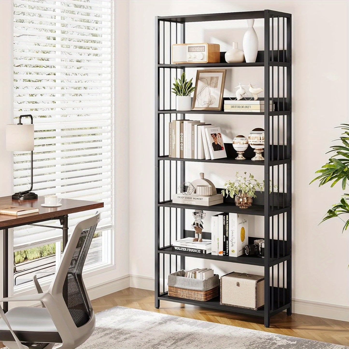 6-Lagens Boekenkast – Open Boekrek – Boekenplank – Opbergkast – Hoekboekenkast – Stijlvol Zwart Metaal & Hout – Draagkracht 136 kg – Ruimtebesparend Modern Design