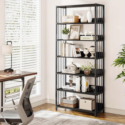 6-Lagens Boekenkast – Open Boekrek – Boekenplank – Opbergkast – Hoekboekenkast – Stijlvol Zwart Metaal & Hout – Draagkracht 136 kg – Ruimtebesparend Modern Design