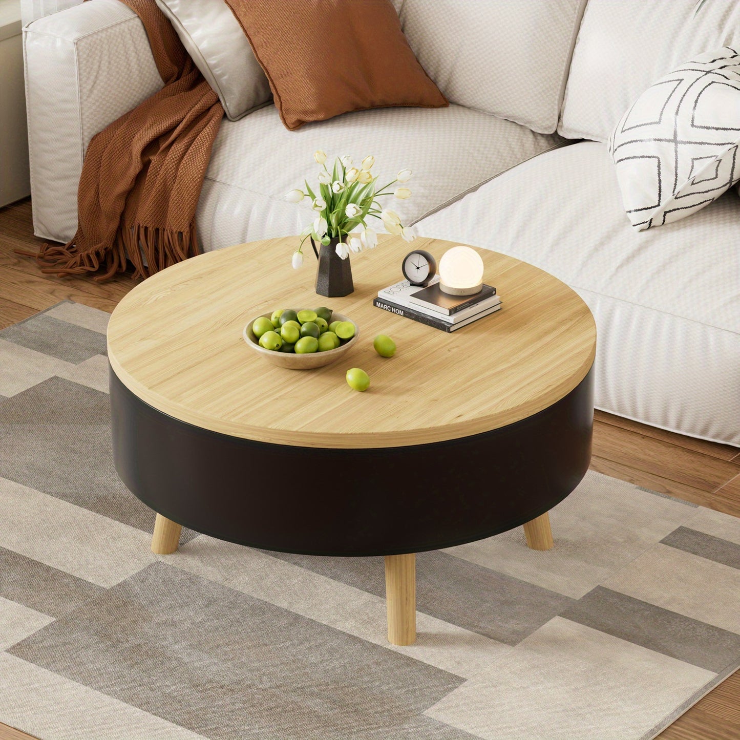 Salontafel – Woonkamertafel – Bijzettafel – Koffietafel – Rond – Verstelbaar Opklapbaar Tafelblad – Verborgen Opbergruimte – Hout en Zwart