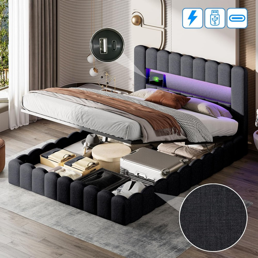 Boxspringbed – Boxspring – Tweepersoonsbed – Boxspringbedframe – Gestoffeerd Bed – 160x200 cm – LED Hoofdbord – USB Laadpoorten – Opbergruimte – Lattenbodem