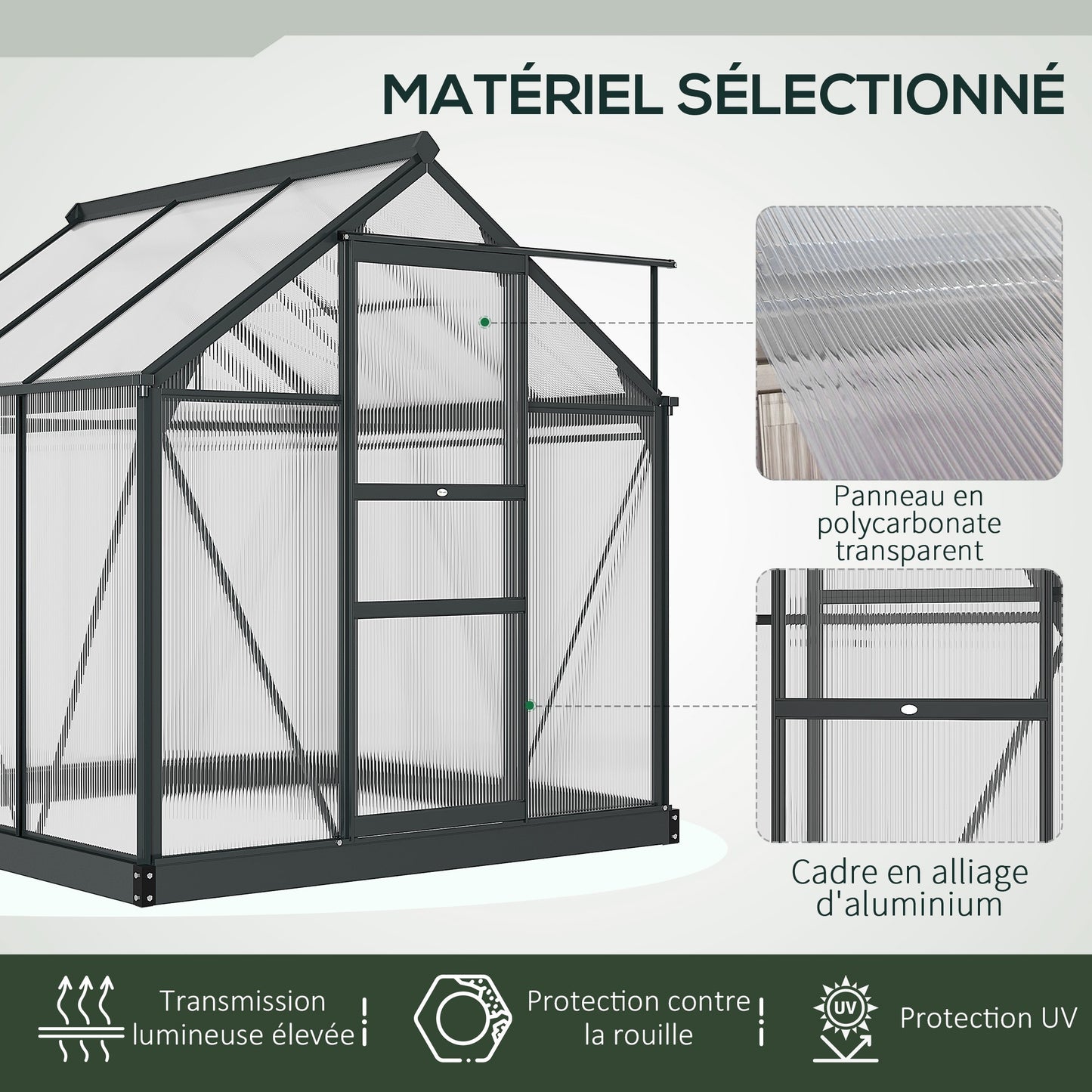 Kweekkas – Tuinkas – Groeikas – Moestuin Kas – Polycarbonaat Kas – Grijs – Aluminium Frame – UV-Bestendig – Inclusief Dakventilatie en Schuifdeur – 190x192x201 cm – Versterkte Stalen Basis