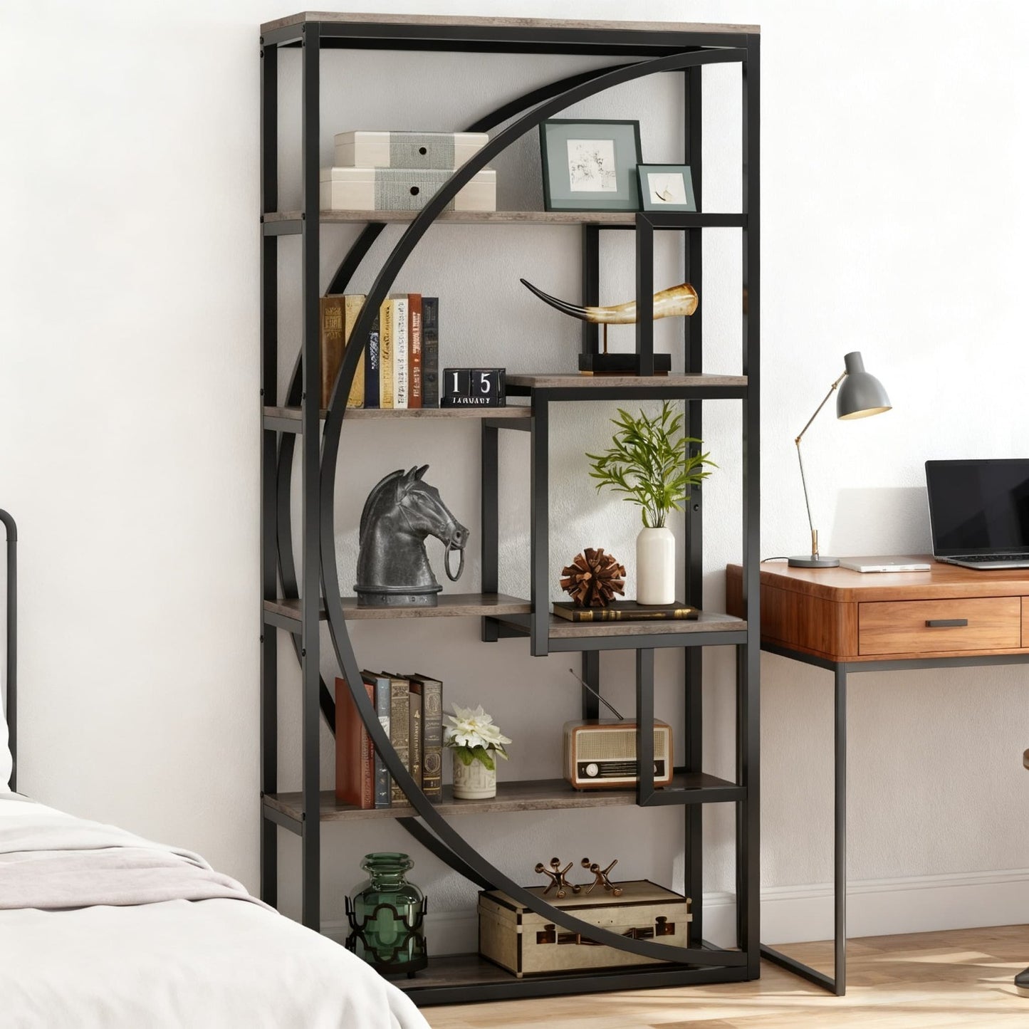 Boekenkast – Boekenrek – Vakkenkast – Stellingkast – Wandkast – Industrieel Design – 5 Niveaus Met Zwarte Metaalframe – 180 cm Hoog