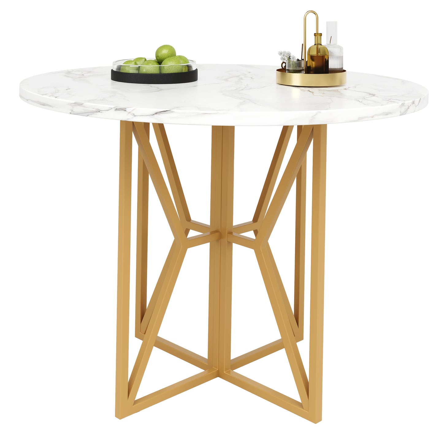 Ronde Eettafel – Eetkamertafel – Keukentafel – Ronde Tafel – Marmerlook Tafel – Gouden Metalen Onderstel – 80 cm Diameter – Geschikt voor 4-6 Personen