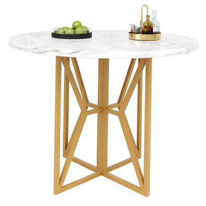 Ronde Eettafel – Eetkamertafel – Keukentafel – Ronde Tafel – Marmerlook Tafel – Gouden Metalen Onderstel – 80 cm Diameter – Geschikt voor 4-6 Personen