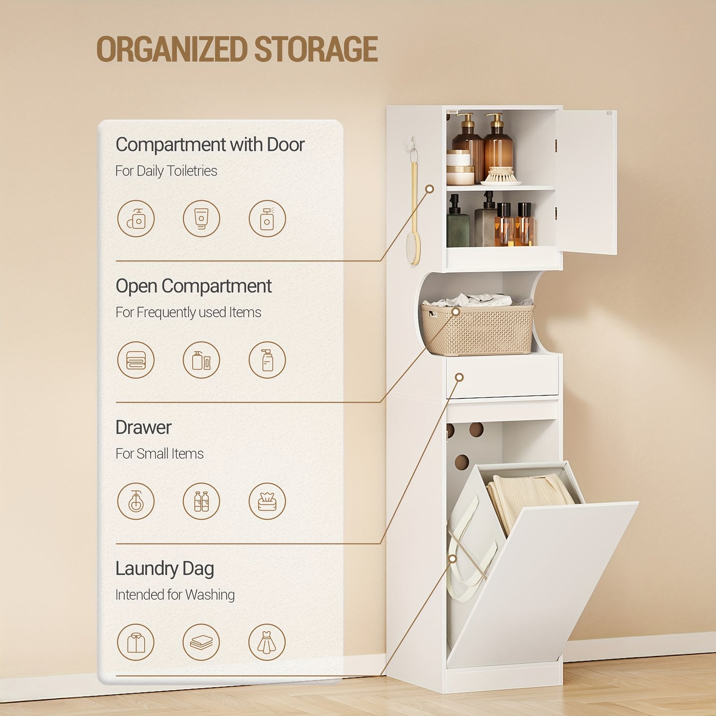 Bathroom Cabinet With Laundry Basket, Tall Bathroom Cabinet, Laundry Bag, With Foldable Laundry Basket, Door And Drawer, Adjustable Shelf, White 40 X 40 X 174 Cm