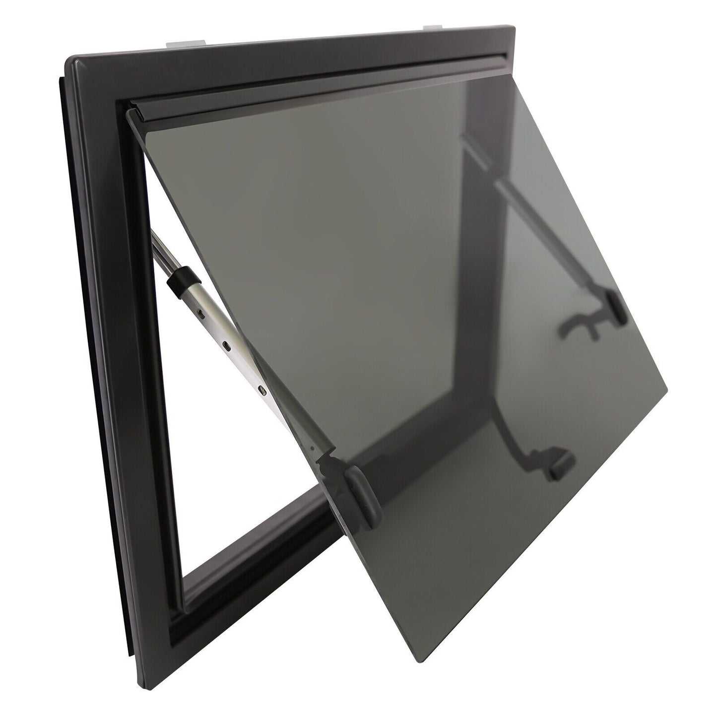 Zijraam Camper – Caravan Raam – Klapraam – Opendraairamen – Campingraam – Getemperd Glas – Aluminium Frame – 65° Openingshoek – Insectengaas Inclusief – Zwart