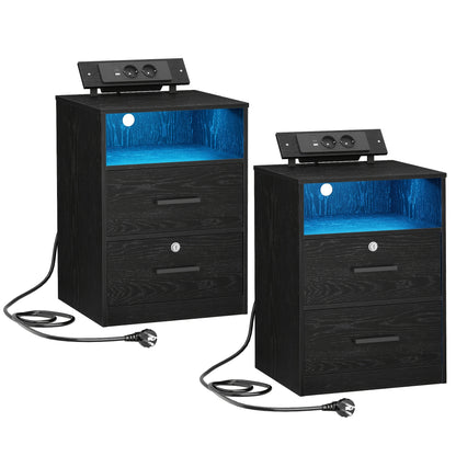 Nachtkastje – Bijzettafel – Ladekastje – Wandkast – Nachtkast – Set van 2 – Met Oplaadfunctie en LED-Verlichting – Zwart Spaanplaat 35x40x58,5 cm