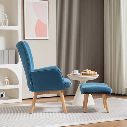 Fauteuil – Relaxstoel – Accentstoel – Armstoel – Clubstoel – Blauw – Met Voetenbank – Zachte Corduroy Stof – Stevige Houten Poot