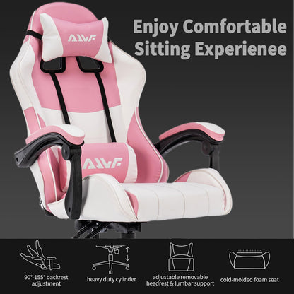 Gamingstoel – Gamestoel – Gaming Chair – Bureau Stoel – Game Stoel – Ergonomisch Ontwerp – Memory Foam Kussens – Verstelbaar – 360° Draaibaar – Roze/Wit
