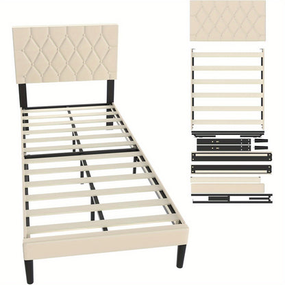 Bedframe – Gestoffeerd Bed – Tweepersoonsbed – Platformbed – Lattenbodem – 90x200 cm – Imitatieleer Beige – Stevig Met 12 Latten