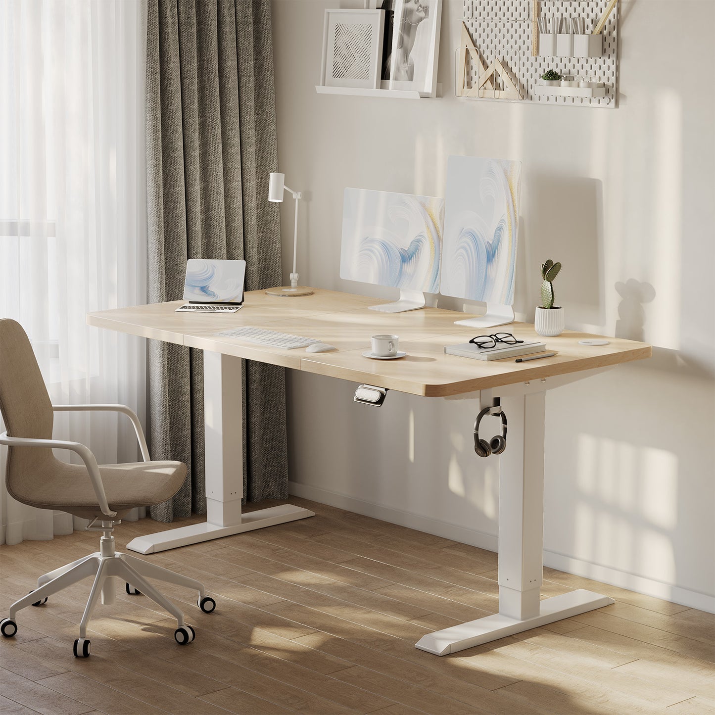 Ergonomisch Zit-Sta Bureau – Verstelbaar Bureau – Sta Bureau – Thuiswerk Bureau – Computerbureau – Handmatig Verstelbaar – Stabiel Stalen Frame – 140x60 cm Champagne