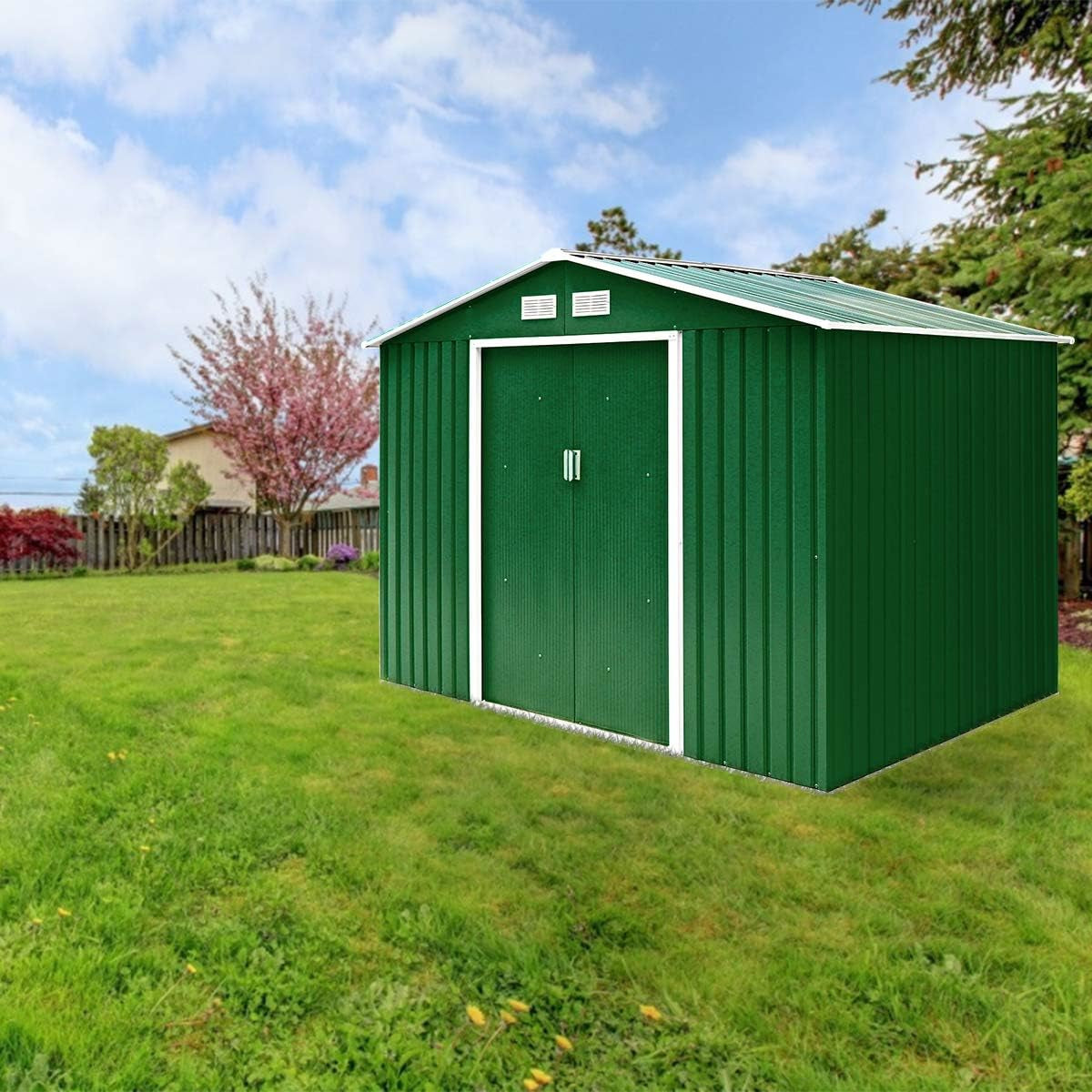 Tuinkast – Tuinberging – Tuinhuis – Opberghok – Gereedschapskast – Schuifdeuren – Ventilatieroosters – Gegalvaniseerd Staal – Ruime Inhoud 4,4 m³ – Fris Groen