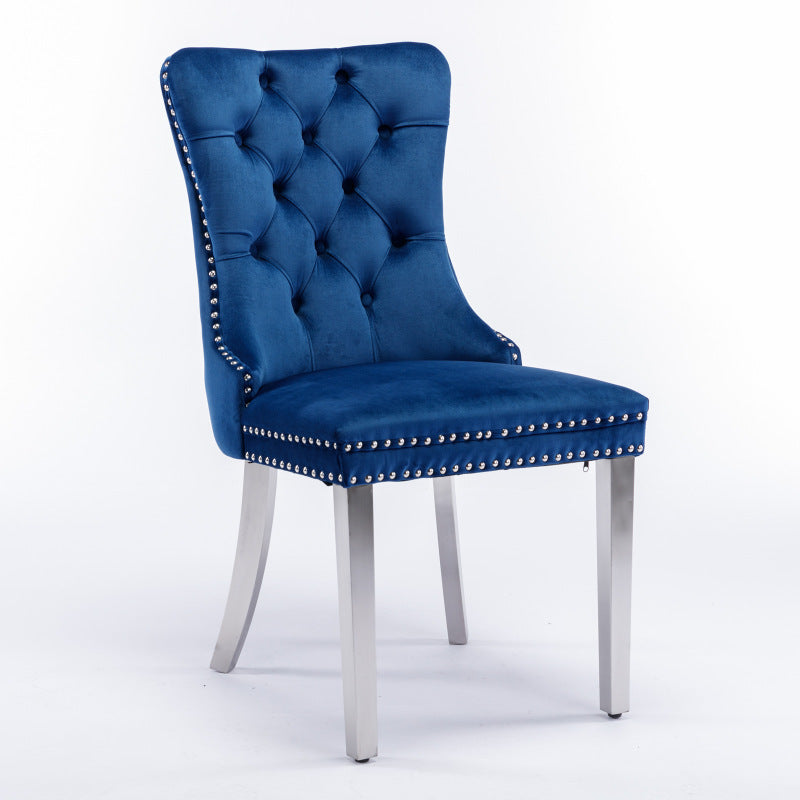 Modern, High-end Tufted Solid Wood Contemporary Velvet Upholstered Dining Chair with Chrome Stainless Steel Plating Legs,Nailhead Trim,Set of 2,Blue and Chrome, DE1701BL