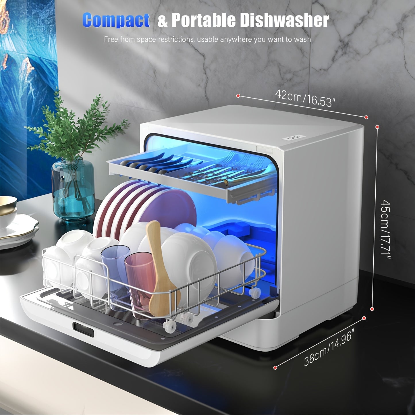 Draagbare Aanrechtvaatwasser – Mini Vaatwasser – Compacte Afwasmachine – Tafelmodel Vaatwasser – Mobiele Vaatwasser – 5-in-1 Wasprogramma’s – Zelfaanzuigend Water Systeem