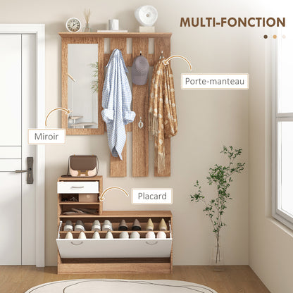 Halmeubel 3-in-1 – Kapstok – Schoenenkast – Spiegel – Opbergmeubel – Walnoot en Wit – 6 Haken – Verstelbare Plank