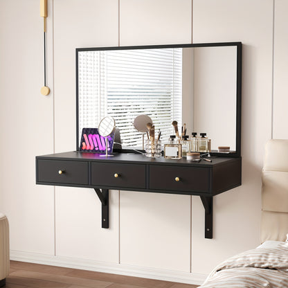 Kaptafel – Make-Up Tafel – Schminktisch – Toilettafel – Vanity Table – Mat Zwart – Compact Met Spiegel – 3 Laden Opbergruimte – Bamboe-Alternatief – Ingebouwde Bekerhouder
