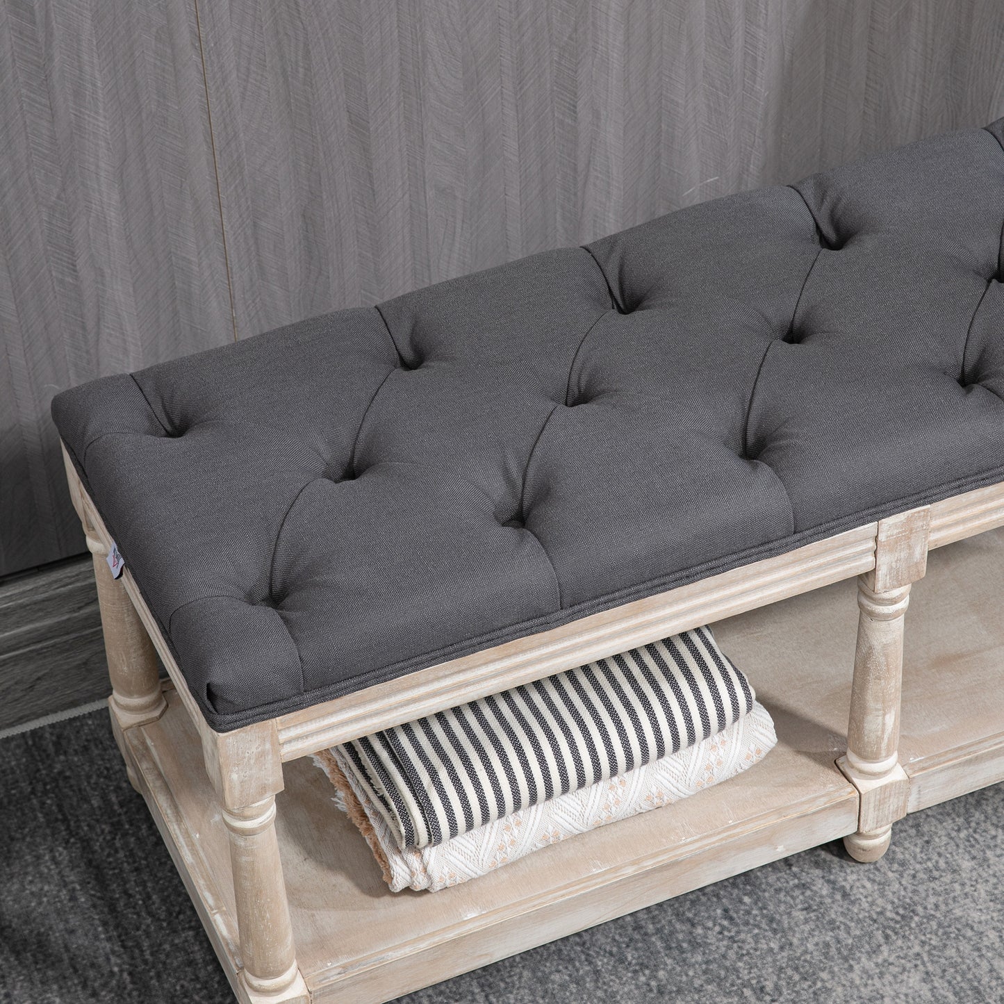 Opbergbank – Zitbank – Schoenenbank – Halbank – Opbergmeubel – Vintage Design – Rubberen Houten Frame – Comfortabele Zitting Met Knoopstiksel