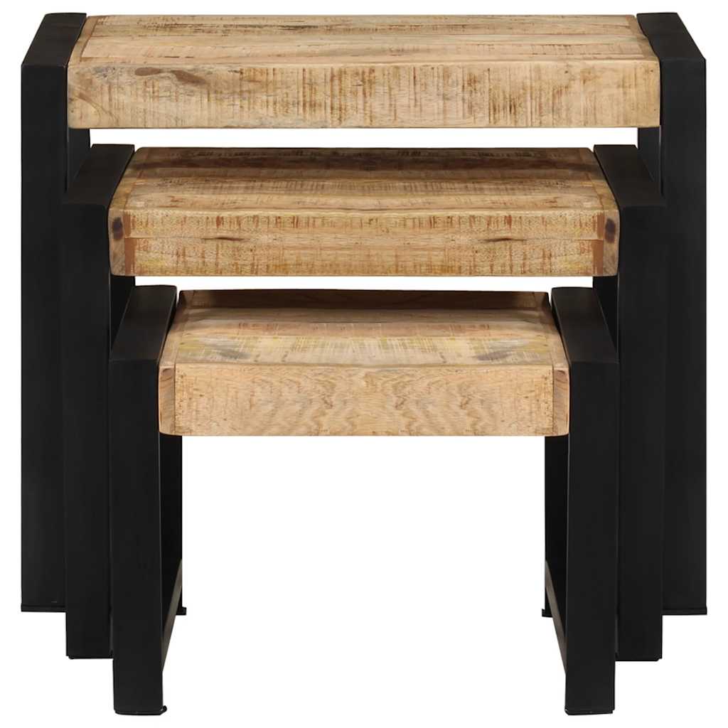 Set Van 3 Tafels – Bijzettafel – Nachtkastje – Salontafel – Tafel – Massief Mangohout – Stalen Frame – Ruimtebesparend – Uniek Bruin