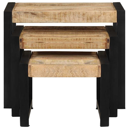 Set Van 3 Tafels – Bijzettafel – Nachtkastje – Salontafel – Tafel – Massief Mangohout – Stalen Frame – Ruimtebesparend – Uniek Bruin