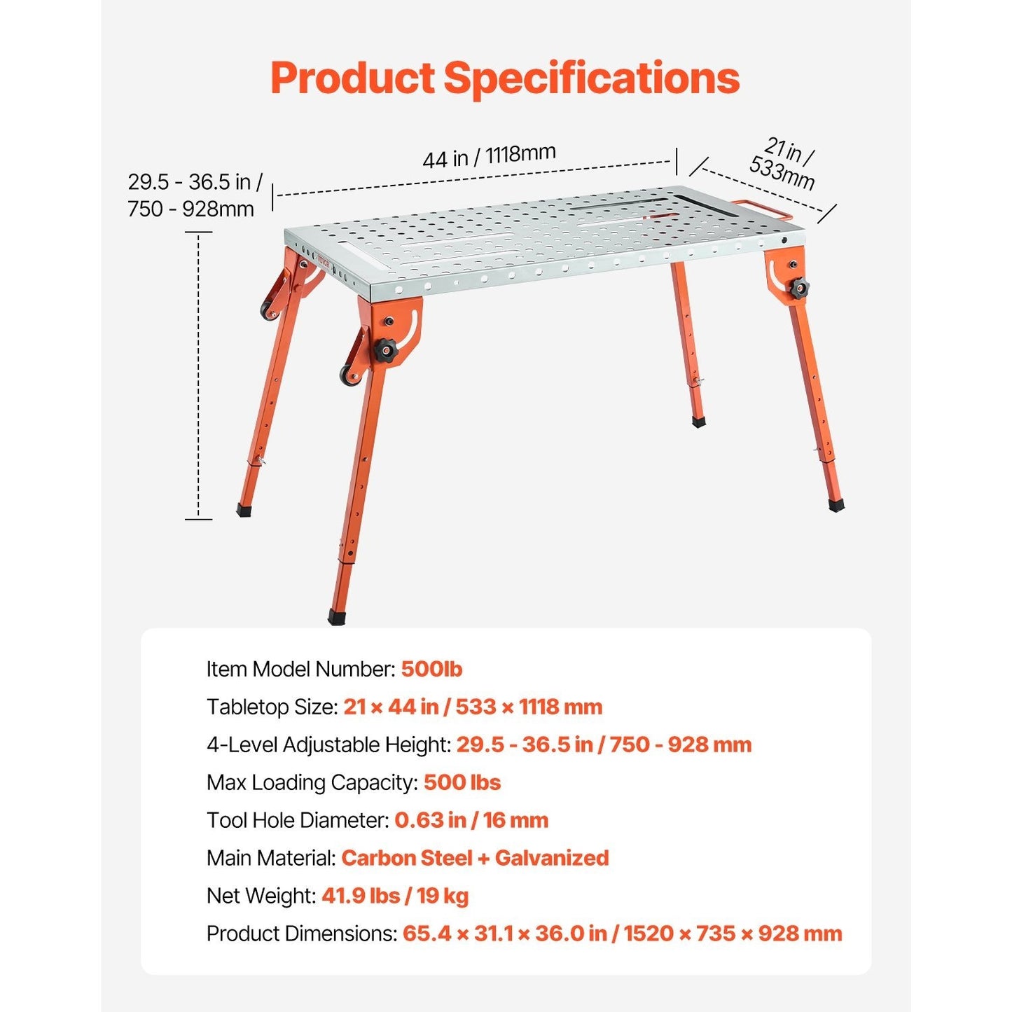 Werkbank Lastezel Werktafel Opklapbare Werkbank Laskar Werkstation – 44" x 21" – Verstelbare Hoogte 4 Niveau’s – Draagvermogen 500 LBS