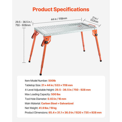 Werkbank Lastezel Werktafel Opklapbare Werkbank Laskar Werkstation – 44" x 21" – Verstelbare Hoogte 4 Niveau’s – Draagvermogen 500 LBS