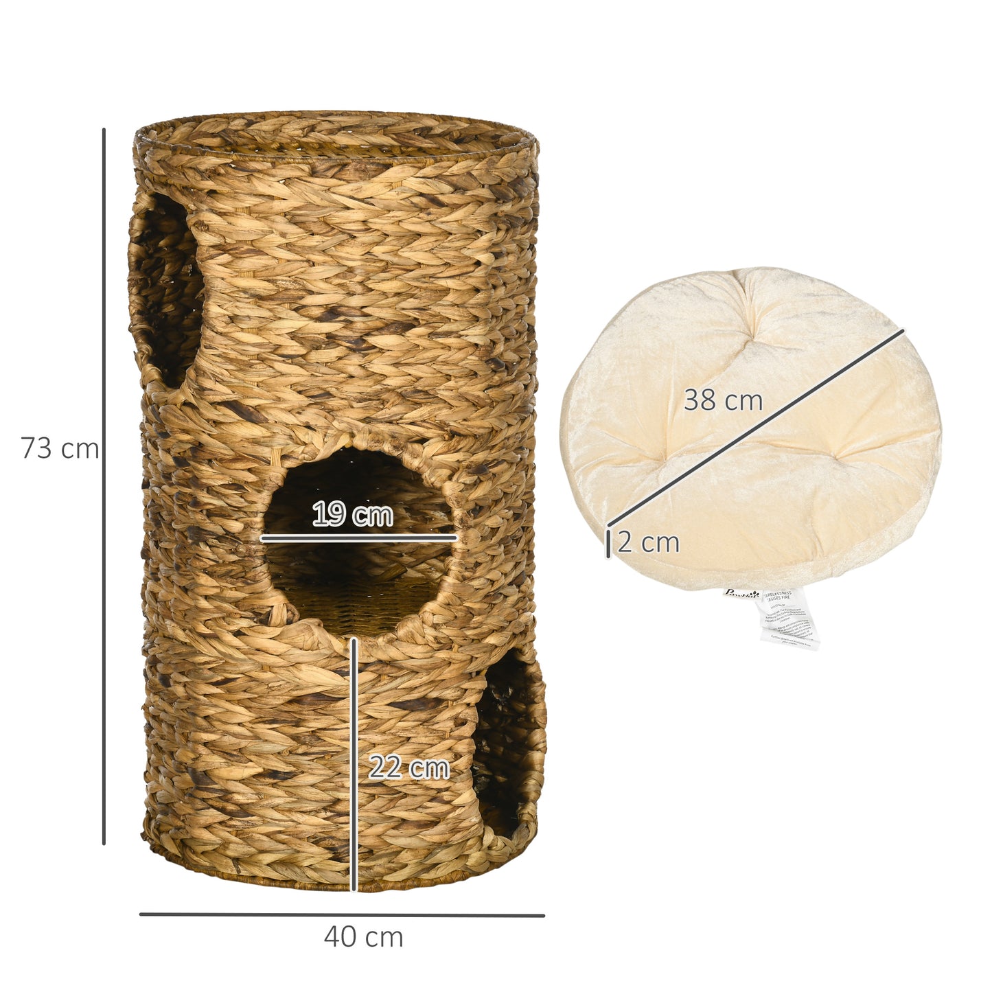 Kattenhol – Kattenhuis – Kattenmand – Kattenhuisje – Kattenhut – Boho Design – 3 Niveaus Met Kussen – Ø40 x 73 cm Lichtbruin & Crème Wit