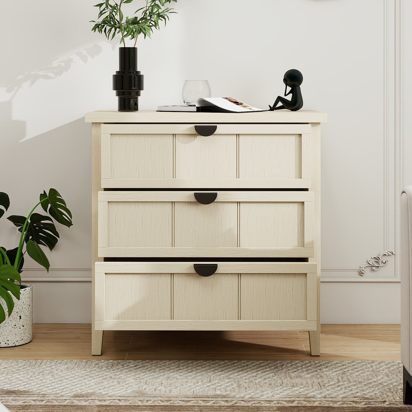 Ladekast – Dressoir – Opbergkast – Chest Of Drawers – Commode – 3 Lades – Natuurlijke Houtlook Met Gegraveerde Lijnen – Compact Formaat 80 x 40 x 80 cm