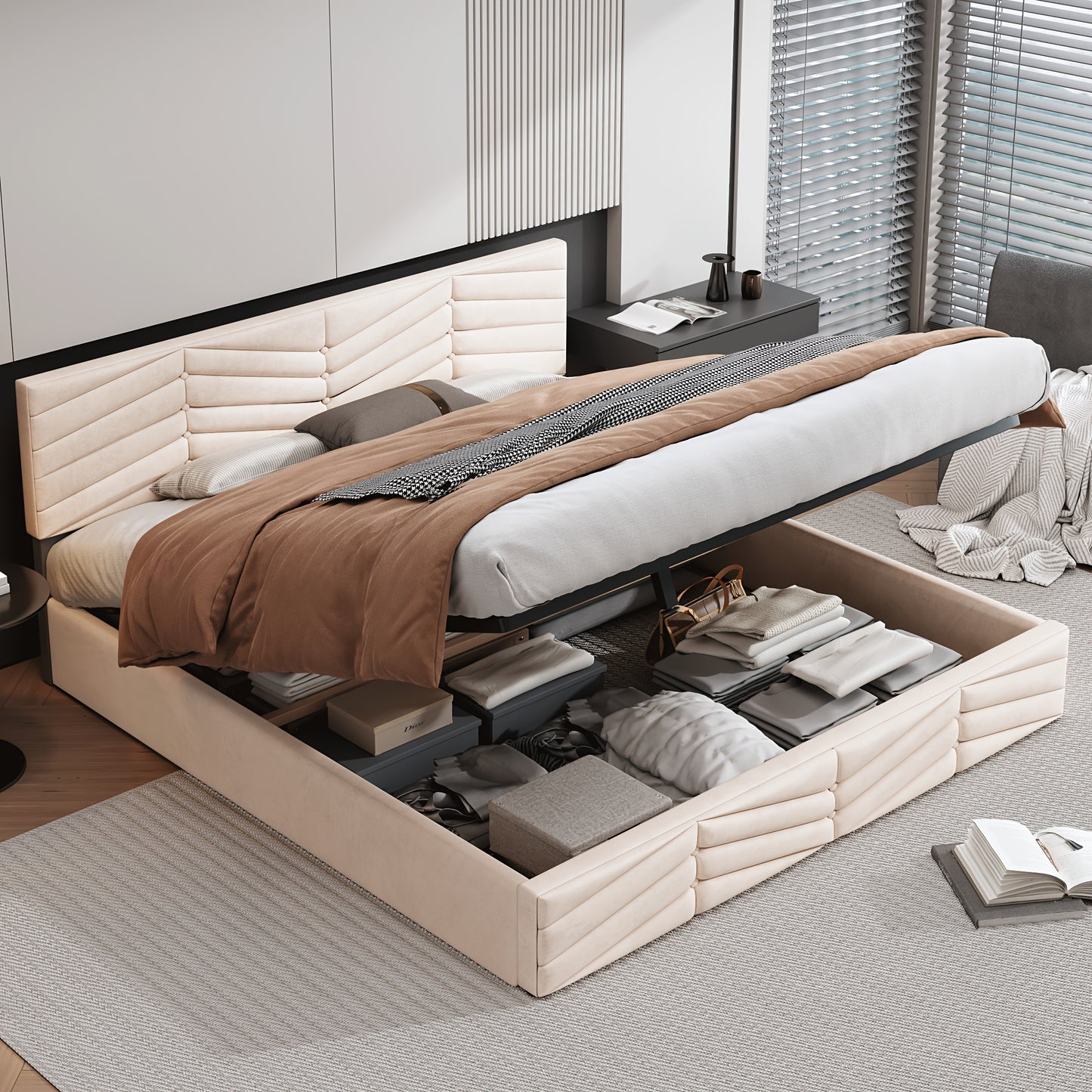 Tweepersoonsbed – Gestoffeerd Bed – Slaapbank – Ledikant – Bedframe – Verstelbaar Hoofdbord – 180x200 cm – Beige – Klassiek Design – Hoogwaardige Stoffering