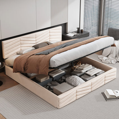 Tweepersoonsbed – Gestoffeerd Bed – Slaapbank – Ledikant – Bedframe – Verstelbaar Hoofdbord – 180x200 cm – Beige – Klassiek Design – Hoogwaardige Stoffering