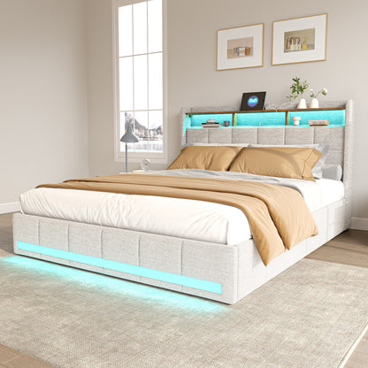 Double Bed with Storage, LED Lighting, 4 Drawers, Storage Function, USB Charging, Quick Assembly, Metal And Linen Bed Frame, Classic, for Adults, Ideal for 8Mj4Txd Bedroom.