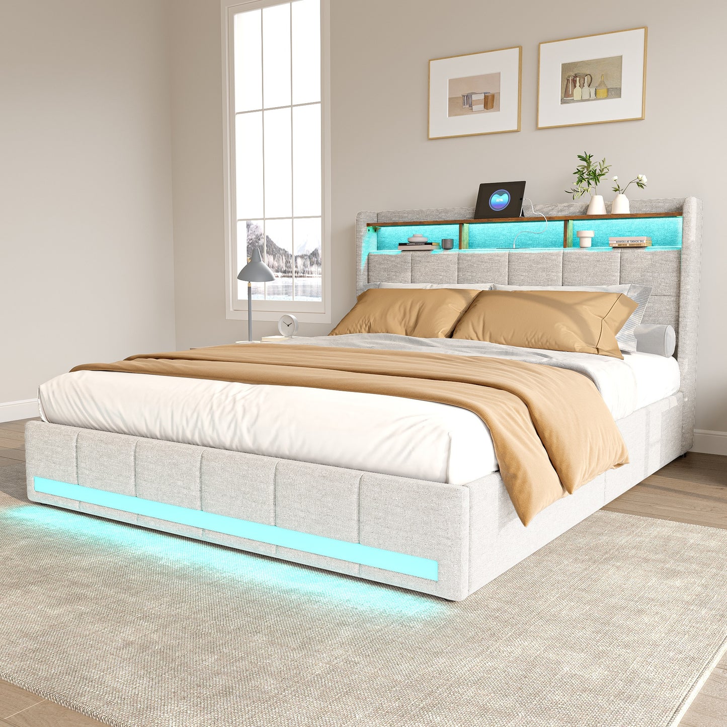 Double Bed with Storage, LED Lighting, 4 Drawers, Storage Function, USB Charging, Quick Assembly, Metal And Linen Bed Frame, Classic, for Adults, Ideal for 8Mj4Txd Bedroom.