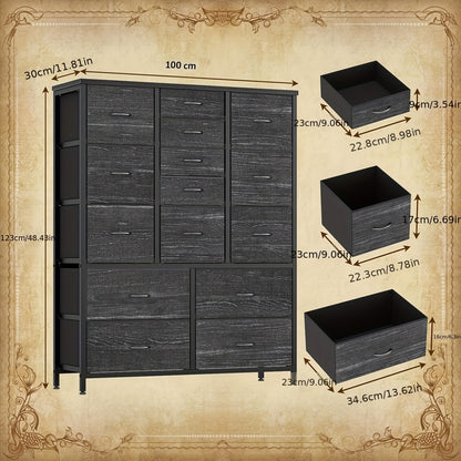 15-Laden Kast – Opbergkast – Ladekast – Dressoir – Organiser – Metaal & Stof – 15 Ruime Laden – Verstelbare Plastic Pootjes – Rustiek Design – 112 cm Breed – Zwart